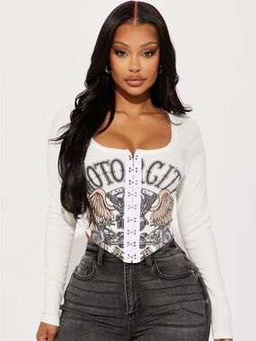 ‘Motor-City’ Graphic Corset-Front Long Sleeve Top